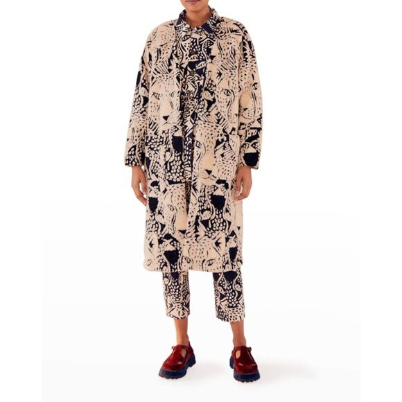 FARM Rio Women Midnight Leopard Long Fleece Cardigan Black Cream Coat Size Small - Picture 1 of 6